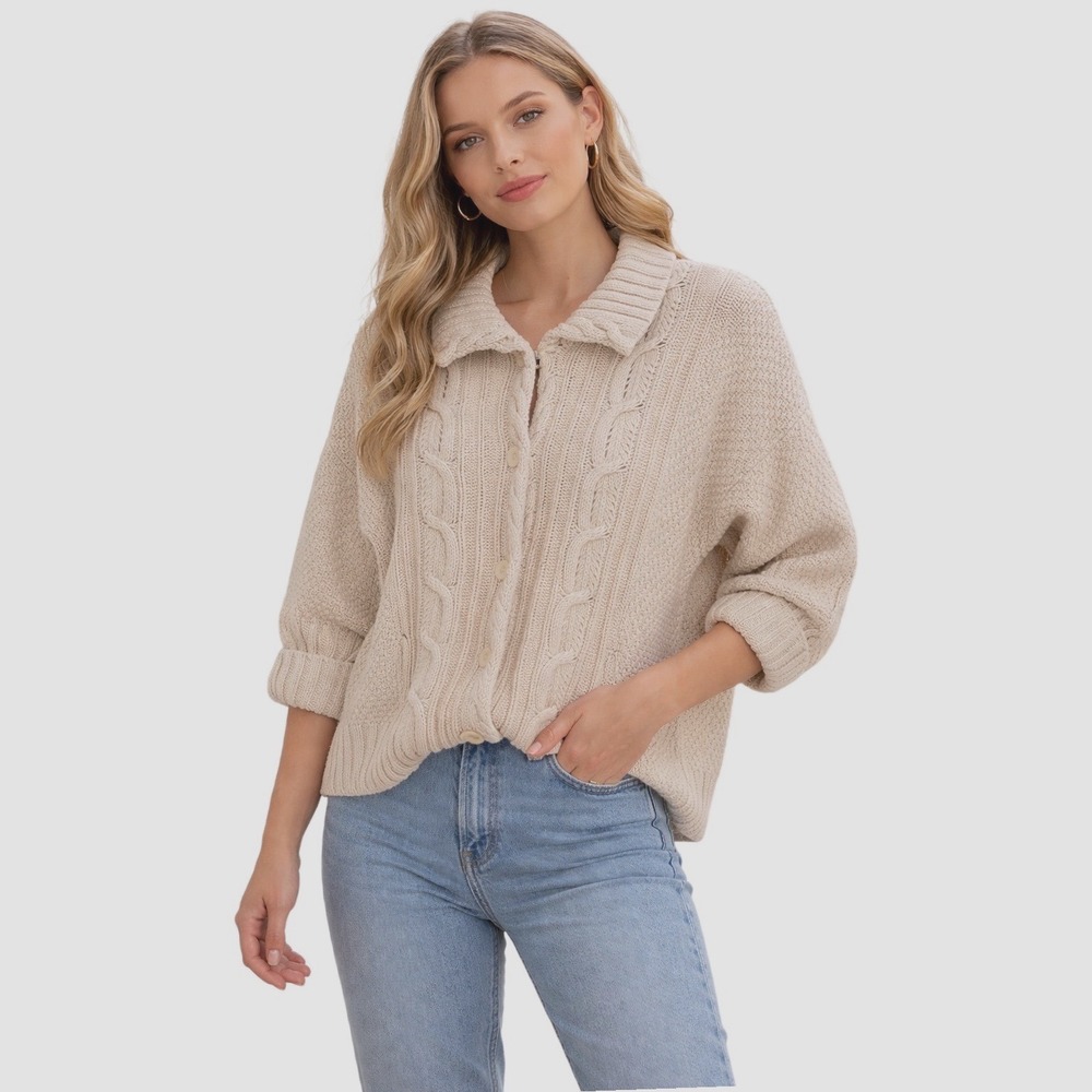 GAP Vintage Cable Knit Cardigan Sweater Cream Button Front 3/4 Sleeve M 100-03